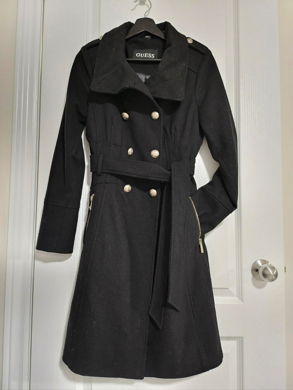 GUESS Black Double-Breasted Belted Trench Coat with Gold Hardware